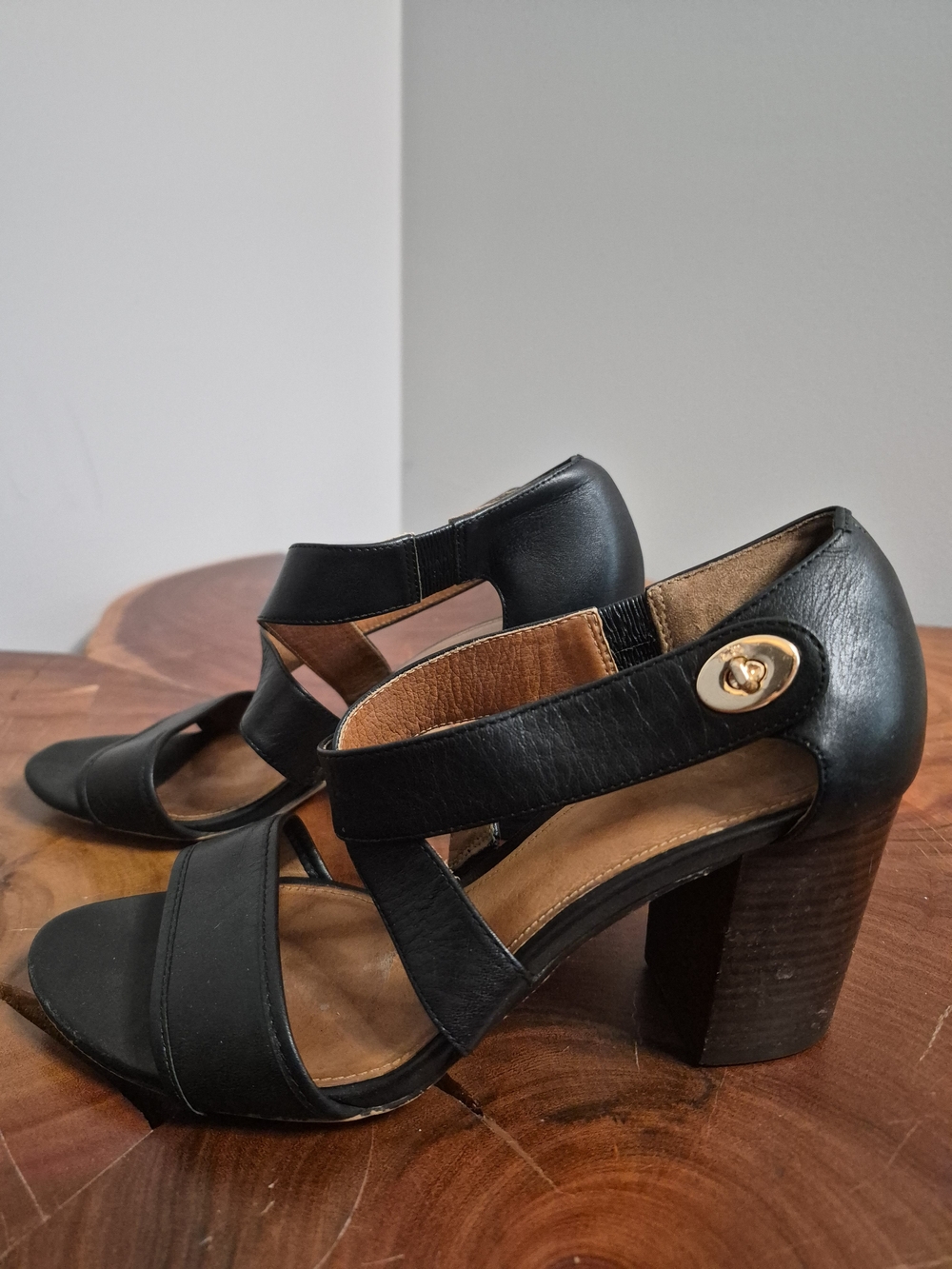 Coach Black Leather Block Heel Sandals with Gold-Tone Accent - 6